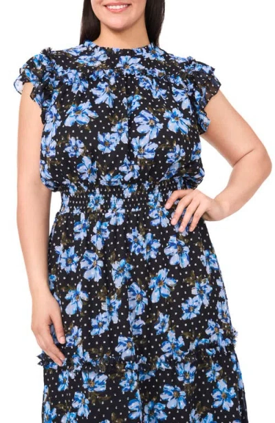 Cece Floral Flutter Sleeve Smock Waist Midi Dress In Blue