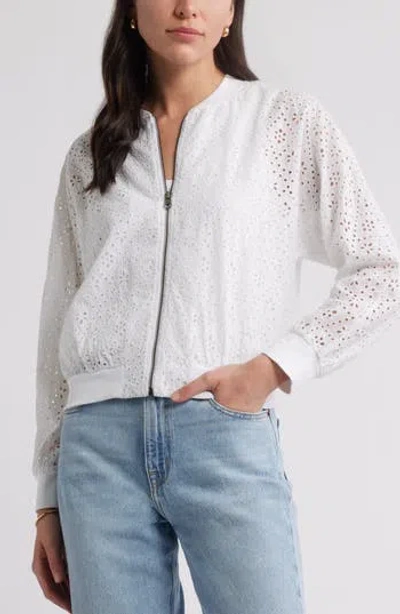Caslon ® Embroidered Eyelet Cotton Zip-up Bomber Jacket In White