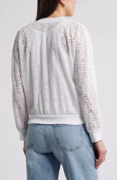 Caslon ® Embroidered Eyelet Cotton Zip-up Bomber Jacket In White