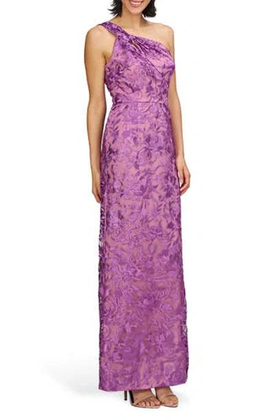Js Collections Samantha Floral Embroidery One-shoulder Column Gown In Purple