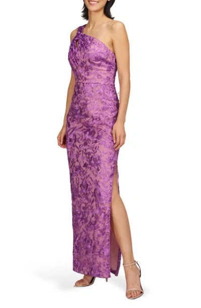 Js Collections Samantha Floral Embroidery One-shoulder Column Gown In Purple