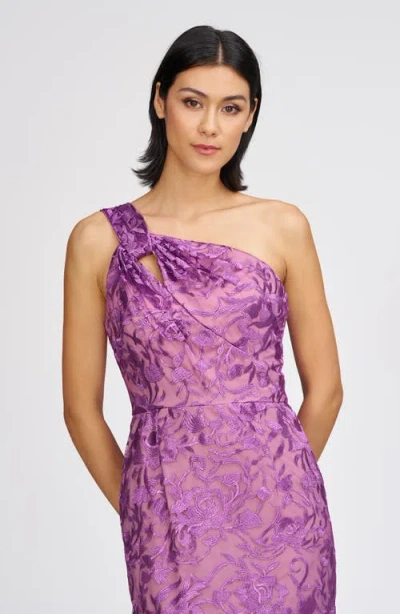 Js Collections Samantha Floral Embroidery One-shoulder Column Gown In Purple