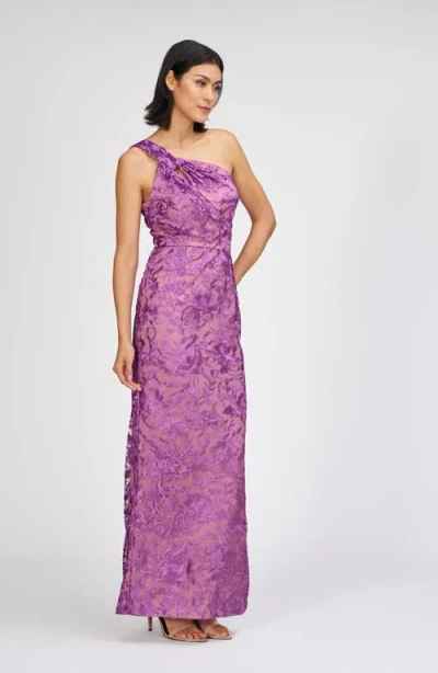 Js Collections Samantha Floral Embroidery One-shoulder Column Gown In Purple
