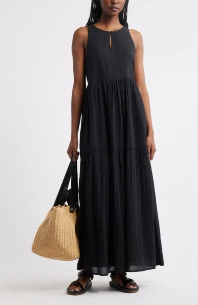 Treasure & Bond Sleeveless Tiered Cotton Gauze Maxi Sundress In Black