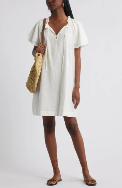 Treasure & Bond Flutter Sleeve Linen Blend Shift Minidress In White