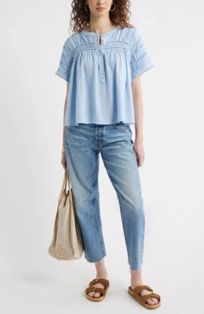 Treasure & Bond Pintuck Linen Blend Popover Top In Blue