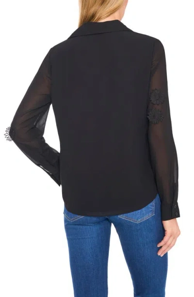 Cece Floral Appliqué Georgette Button-up Shirt In Black