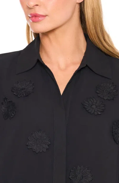 Cece Floral Appliqué Georgette Button-up Shirt In Black