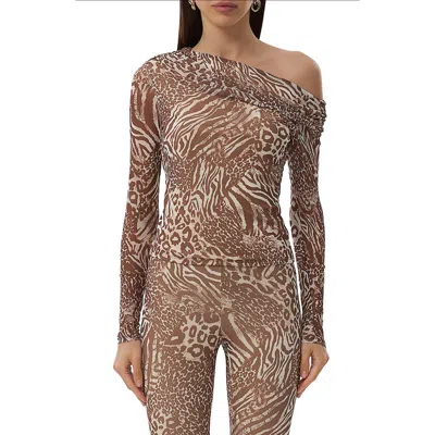 Afrm Barry One-shoulder Mesh Top In Animal Print