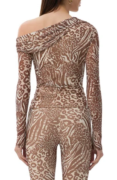 Afrm Barry One-shoulder Mesh Top In Animal Print