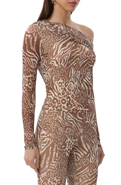 Afrm Barry One-shoulder Mesh Top In Animal Print