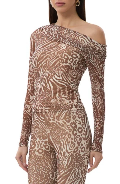 Afrm Barry One-shoulder Mesh Top In Animal Print