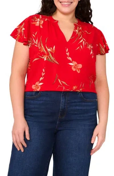 Cece Floral Flutter Sleeve V-neck Challis Top In Red