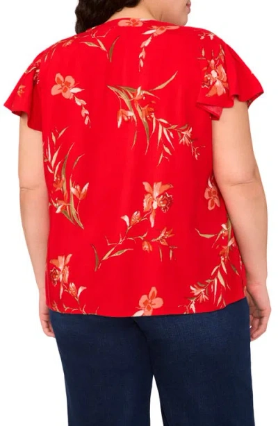 Cece Floral Flutter Sleeve V-neck Challis Top In Red