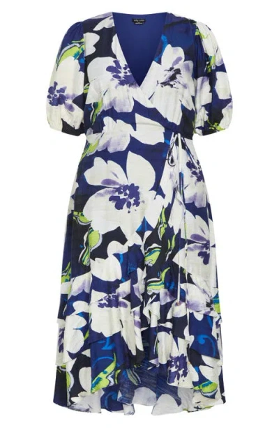 City Chic Bea Floral Midi Wrap Dress In Blue