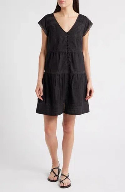 Lucky Brand Cap Sleeve Button Front Cotton Minidress In Black