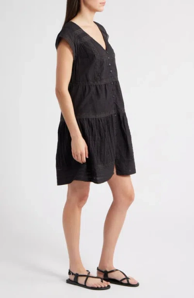 Lucky Brand Cap Sleeve Button Front Cotton Minidress In Black