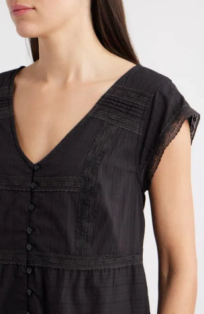 Lucky Brand Cap Sleeve Button Front Cotton Minidress In Black