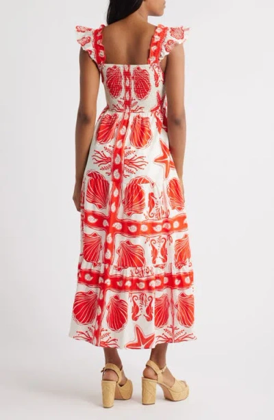 Moon River Ruffle Sleeve Tiered Midi Dress In Red Multi In Red