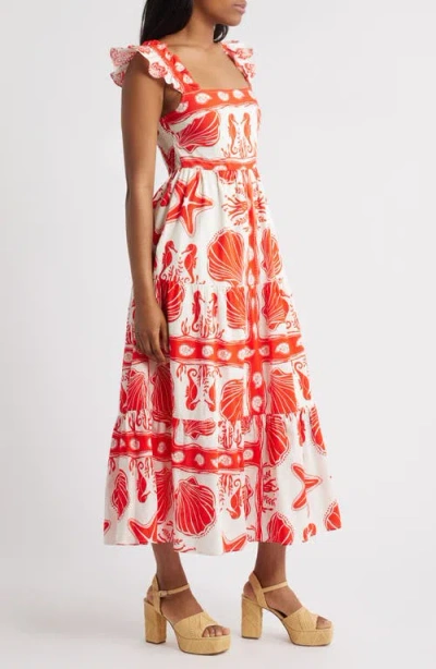Moon River Ruffle Sleeve Tiered Midi Dress In Red Multi In Red