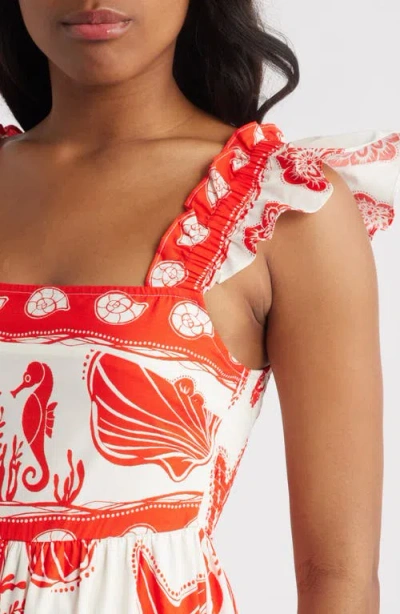 Moon River Ruffle Sleeve Tiered Midi Dress In Red Multi In Red