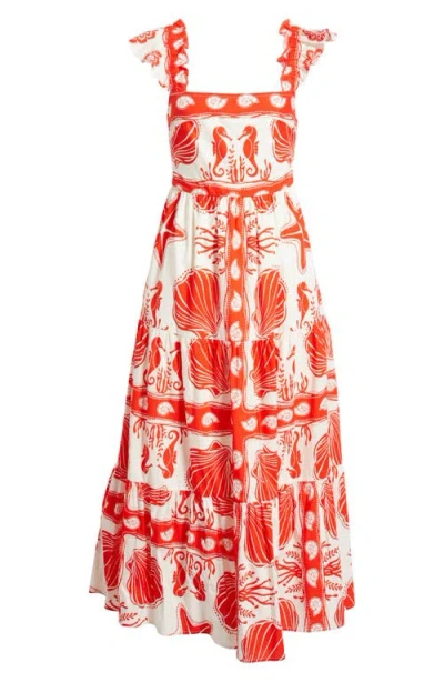 Moon River Ruffle Sleeve Tiered Midi Dress In Red Multi In Red