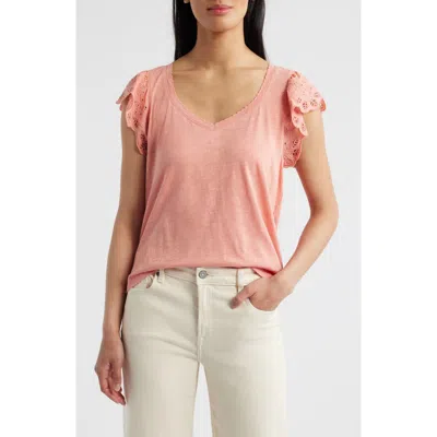 Wit & Wisdom Eyelet Flutter Sleeve Jersey T-shirt In Pink