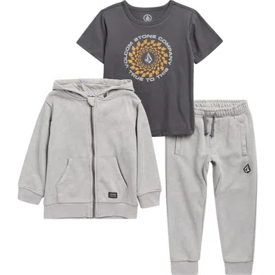 Volcom Kids' Graphic T-shirt, Acid Washed French Terry Hoodie & Joggers Set In Gray