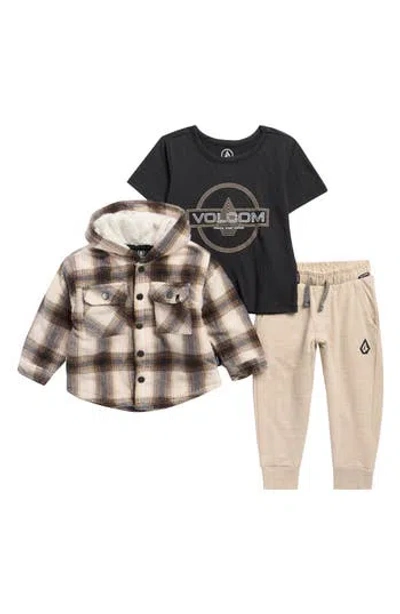 Volcom Kids' Plaid Fleece Hooded Shacket, Graphic T-shirt & Joggers Set In Black