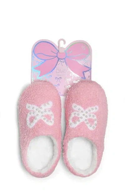 Omg Accessories Kids' Faux Pearl Bow Faux Shearling Slipper In Pink