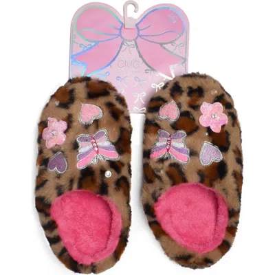 Omg Accessories Kids' Butterfly Appliqué Leopard Faux Fur Slipper In Brown