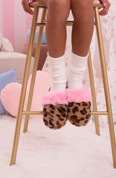 Omg Accessories Kids' Crystal Leopard Faux Fur Slipper In Brown