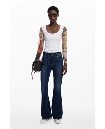 Desigual Mesh Sleeve Scoop Neck Rib Top In White