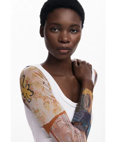 Desigual Mesh Sleeve Scoop Neck Rib Top In White