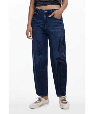 Desigual Graphic Barrel Leg Ankle Jeans In Blue