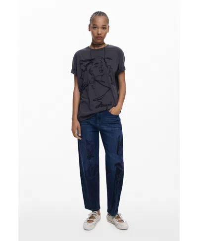 Desigual Graphic Barrel Leg Ankle Jeans In Blue