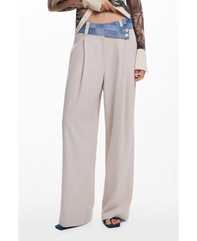 Desigual Mixed Media Wide Leg Pants In Neutral