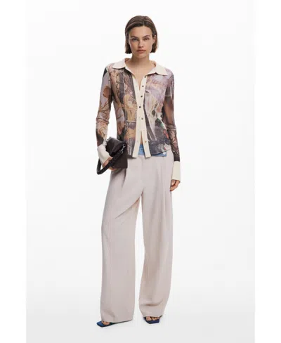 Desigual Mixed Media Wide Leg Pants In Neutral