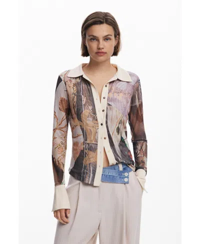 Desigual Mixed Media Wide Leg Pants In Neutral