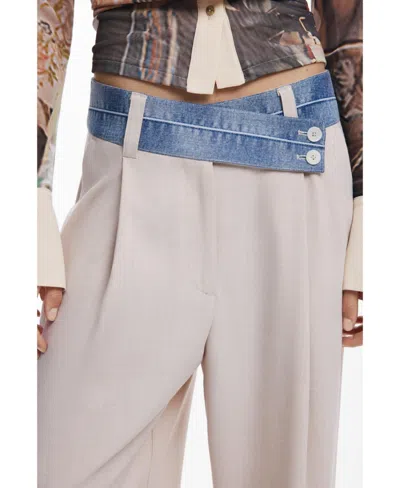 Desigual Mixed Media Wide Leg Pants In Neutral