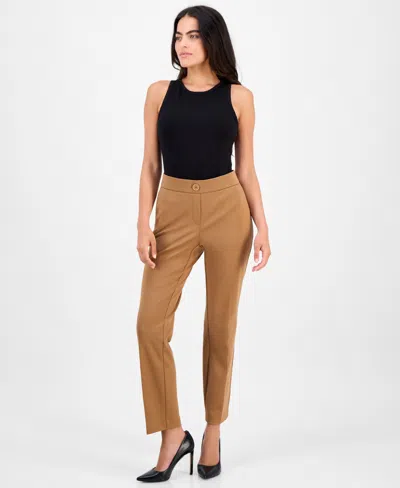 Ak Anne Klein Petite Mid-rise Straight-leg Pants In Brown