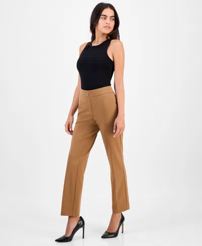 Ak Anne Klein Petite Mid-rise Straight-leg Pants In Brown
