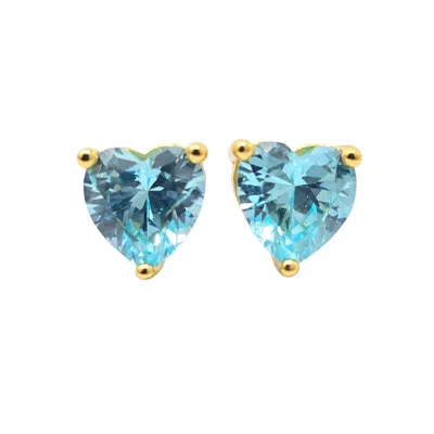 Harfi Women's Blue / Gold Aquamarine Heart March Birthstone Stud Earrings In Multi