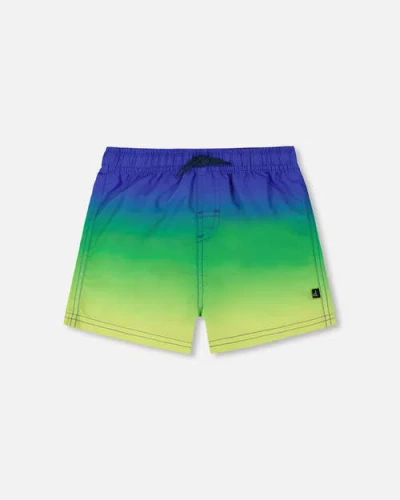 Deux Par Deux Boy's Swim Trunks Blue, Green, And Lime Gradient In Multi