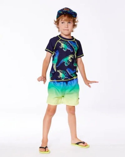 Deux Par Deux Boy's Swim Trunks Blue, Green, And Lime Gradient In Multi