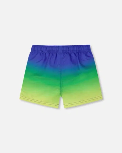 Deux Par Deux Boy's Swim Trunks Blue, Green, And Lime Gradient In Multi