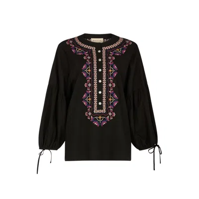 Raffya Anai Half Placket Embroidered Blouse In Black
