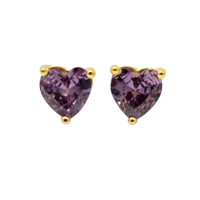 Harfi Women's Purple / Gold Amethyst Heart February Birthstone Stud Earrings In Multi