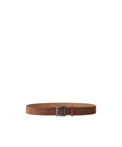 Fendi Slim Suede Belt Squared Ff Buckle In Brown