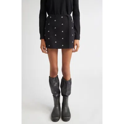 Rier Walker Floral Embroidered Wool Wrap Miniskirt In Black